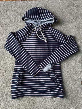 AMPERSAND AVE Gray Hoodie with Navy and Pink Stripes